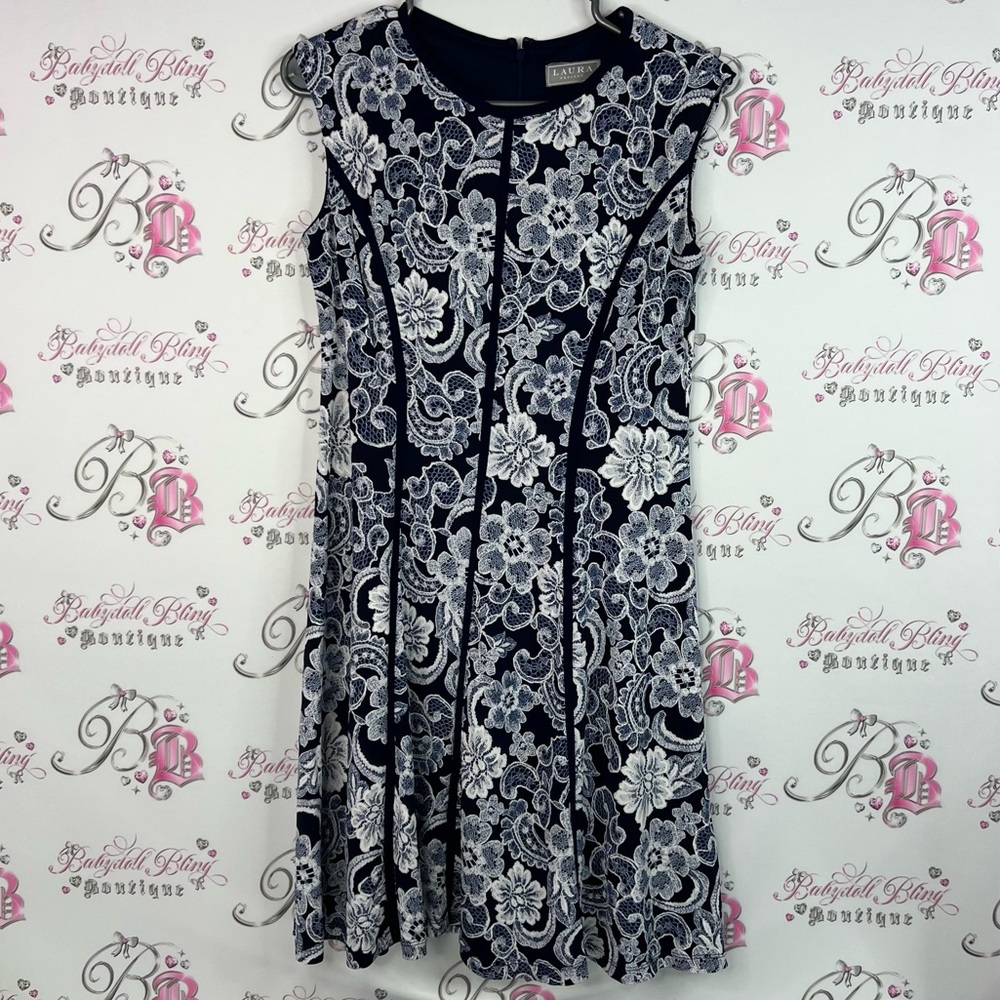 Laura dress Lacie floral lace Navy and White Lace Midi Dress